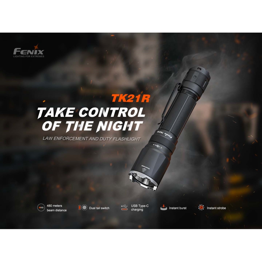 Fenix TK21RBLK - Dimmable Rechargeable LED/USB Flashlight, 6000 mAh, IP68, 3600 lm, 72.5 h, Black
