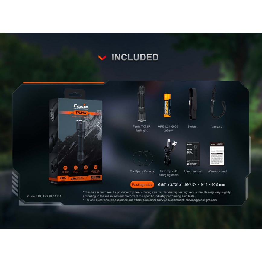 Fenix TK21RBLK - Dimmable Rechargeable LED/USB Flashlight, 6000 mAh, IP68, 3600 lm, 72.5 h, Black