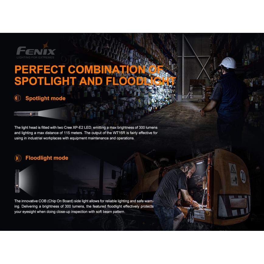 Fenix WT16R - LED Rechargeable flashlight 2xLED/USB IP66 300 lm 30 hrs