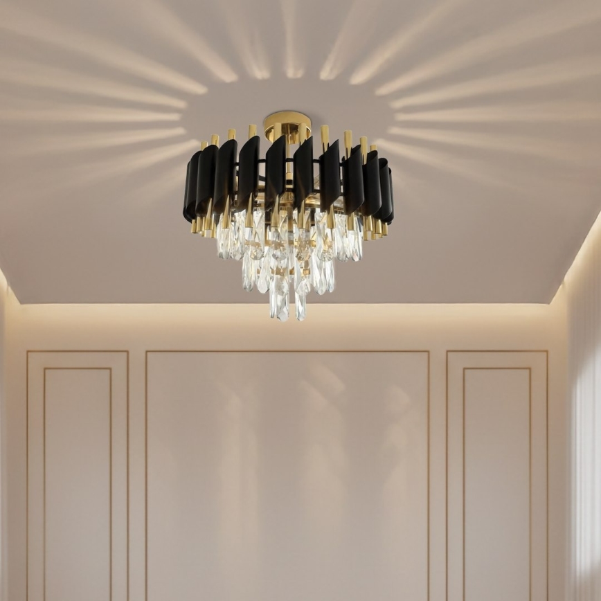 Flush-mount chandelier CRISTAL 5xE14/10W/230V Ø 38 cm Black/Gold