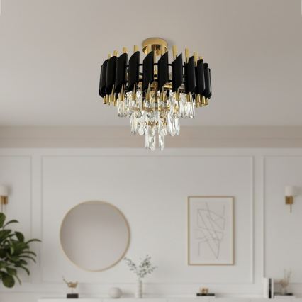 Flush-mount chandelier CRISTAL 5xE14/10W/230V Ø 38 cm Black/Gold
