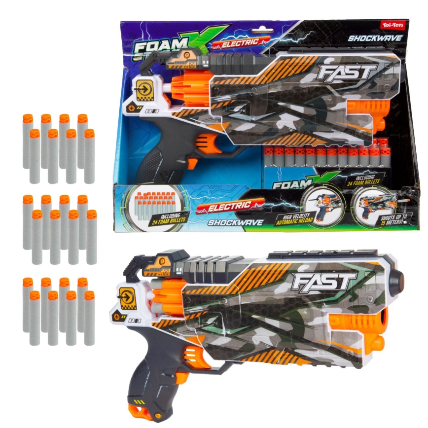 FOAM X kids' foam dart blaster — requires 6×AA batteries, includes 24 foam darts