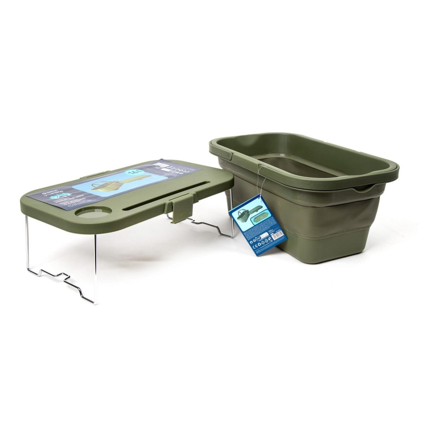 Folding camping picnic basket with a lid 2in1 green