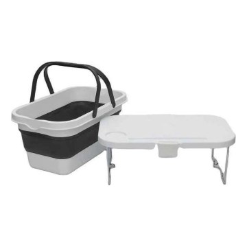 Folding camping picnic basket with a lid 2in1 white/grey