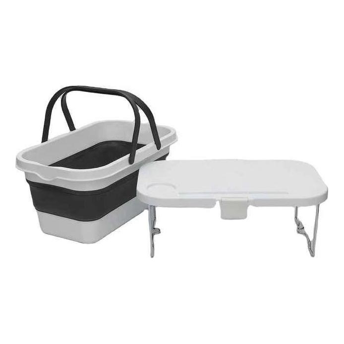Folding camping picnic basket with a lid 2in1 white/grey