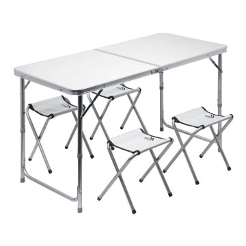 Folding camping table + 4x chair white/matte chrome