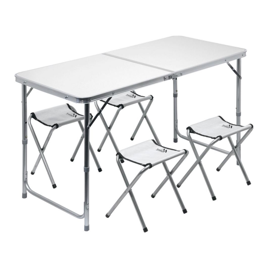 Folding camping table + 4x chair white/matte chrome