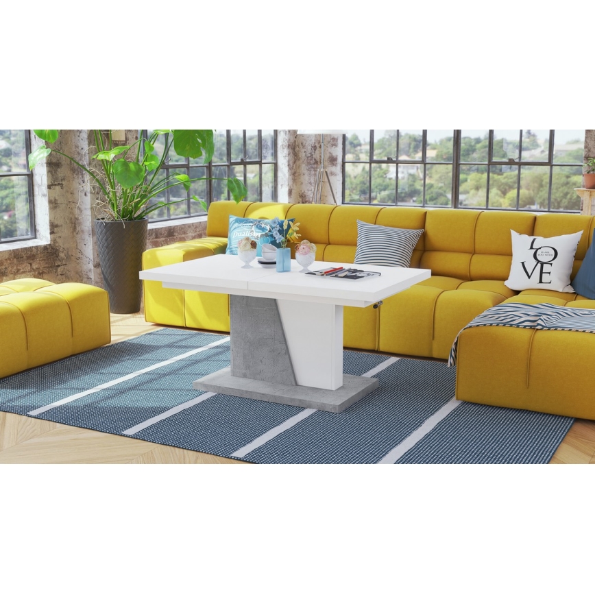 Folding coffee/dining table with lifting top NINO white/grey concrete