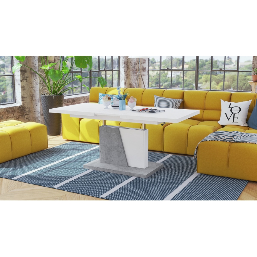 Folding coffee/dining table with lifting top NINO white/grey concrete