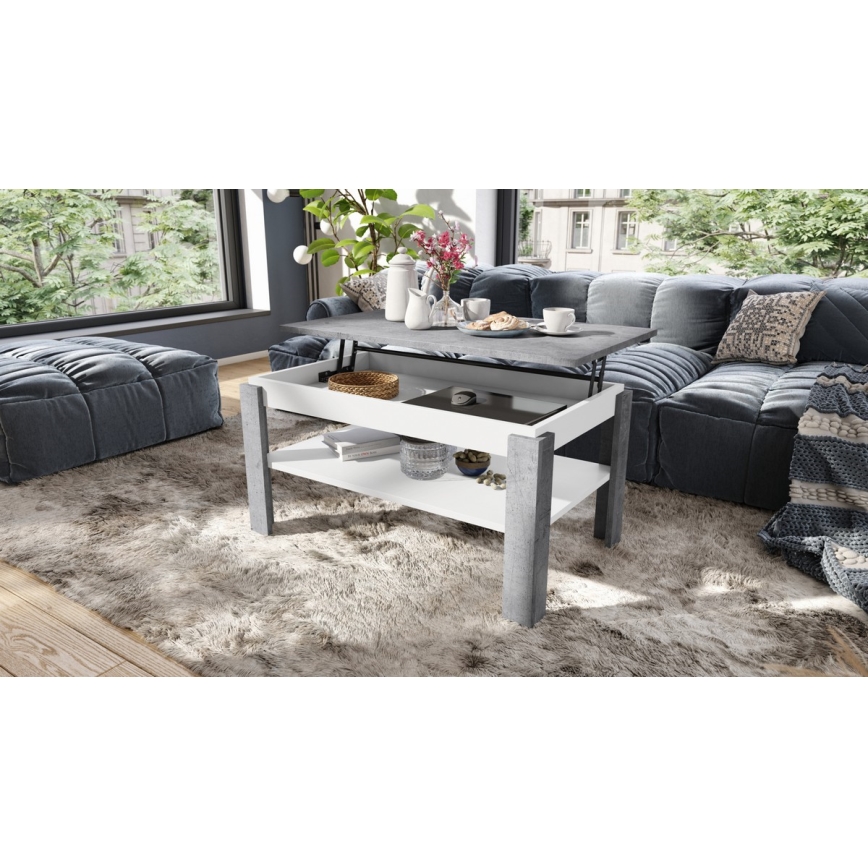 Folding coffee table with lifting top with shelf ADEN grey/white