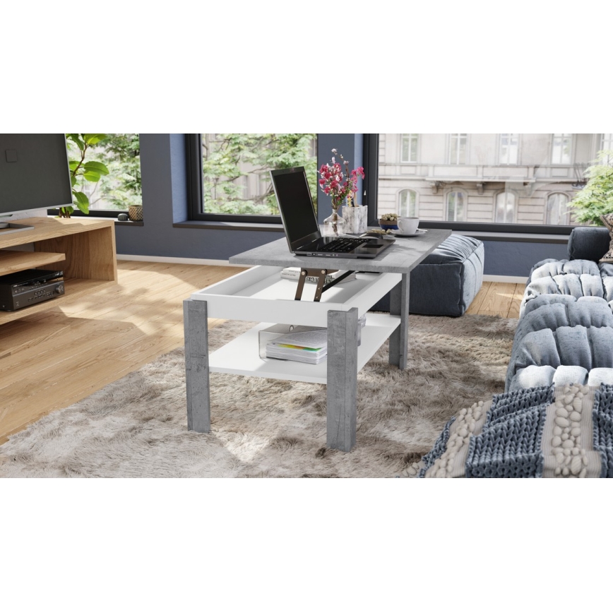 Folding coffee table with lifting top with shelf ADEN grey/white