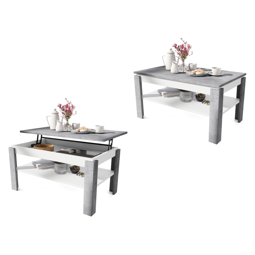 Folding coffee table with lifting top with shelf ADEN grey/white