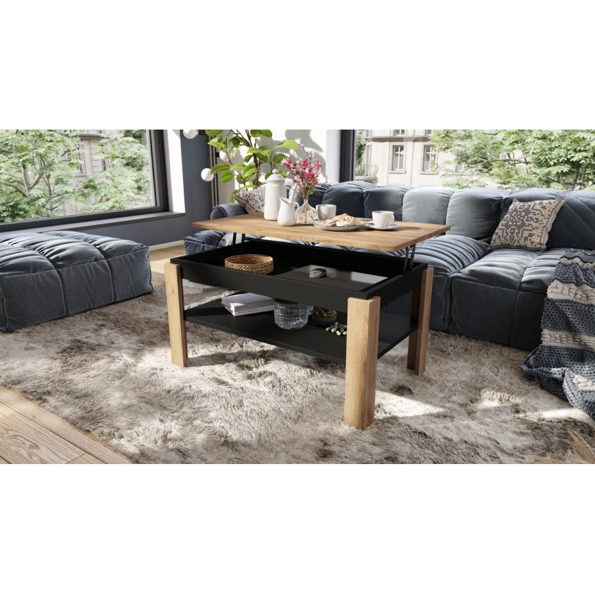 Folding coffee table with lifting top with shelf ADEN oak/black