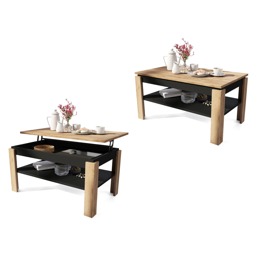 Folding coffee table with lifting top with shelf ADEN oak/black