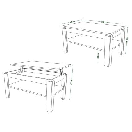 Folding coffee table with lifting top with shelf ADEN oak/black
