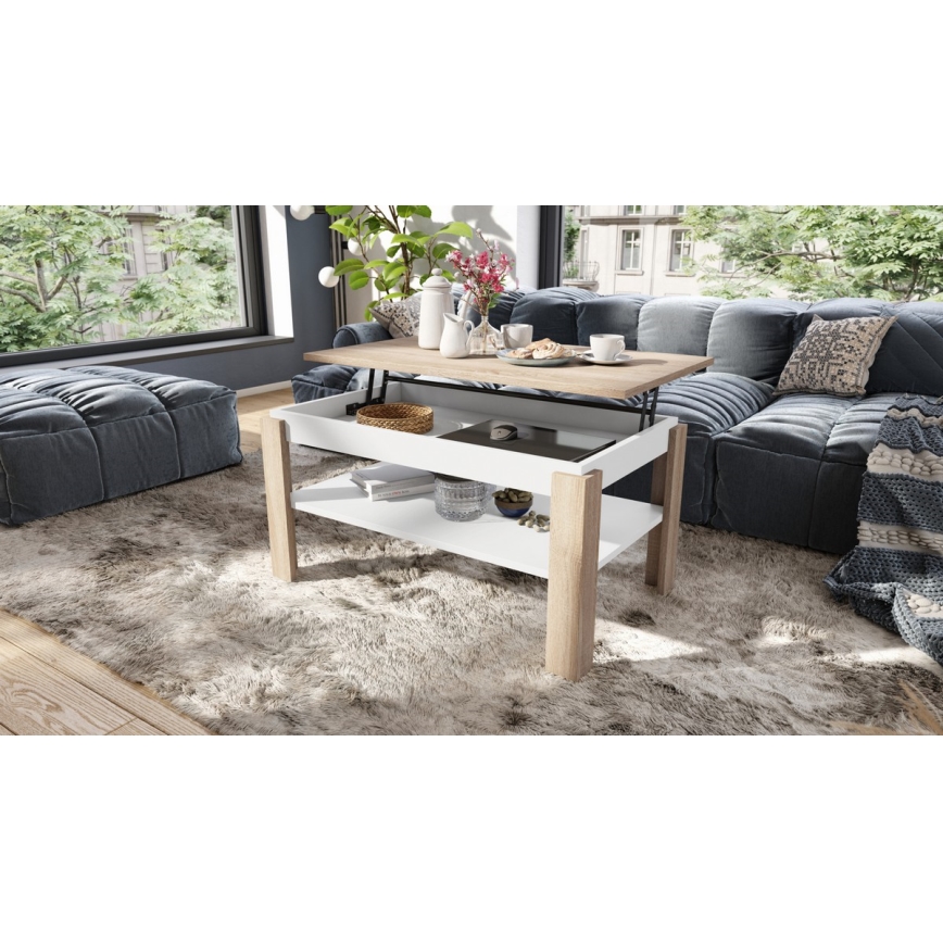 Folding coffee table with lifting top with shelf ADEN oak sonoma/white