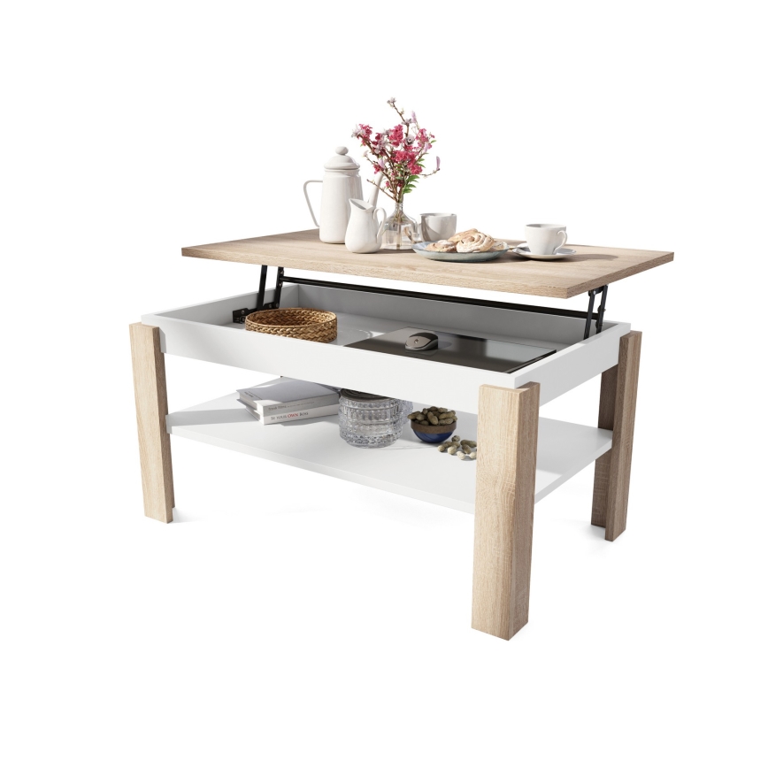 Folding coffee table with lifting top with shelf ADEN oak sonoma/white