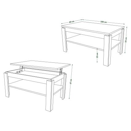 Folding coffee table with lifting top with shelf ADEN oak sonoma/white