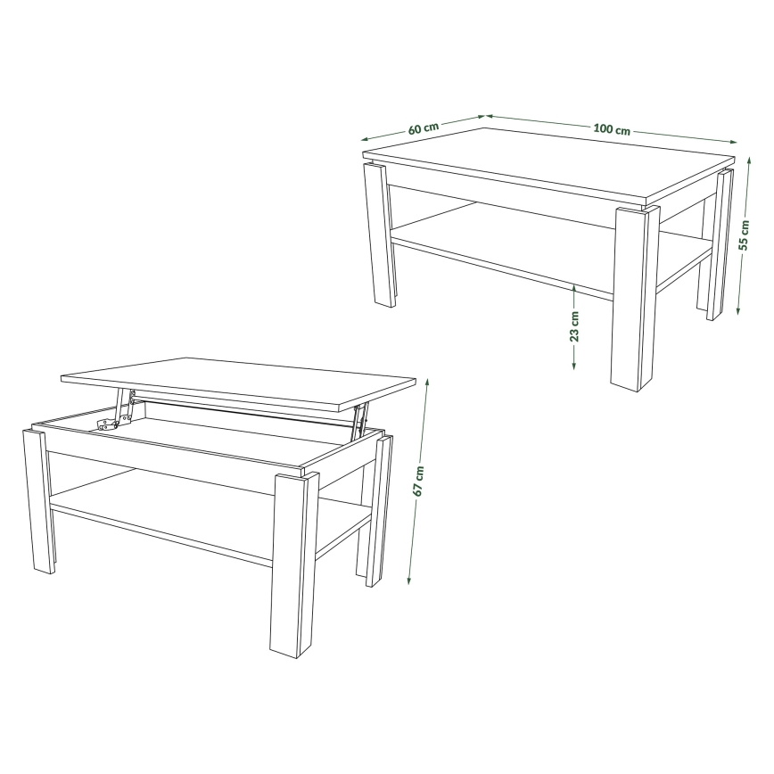 Folding coffee table with lifting top with shelf ADEN oak sonoma/white