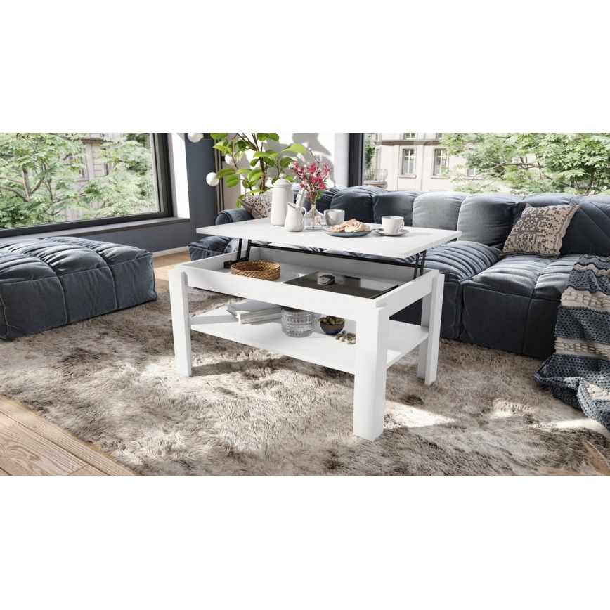 Folding coffee table with lifting top with shelf ADEN white