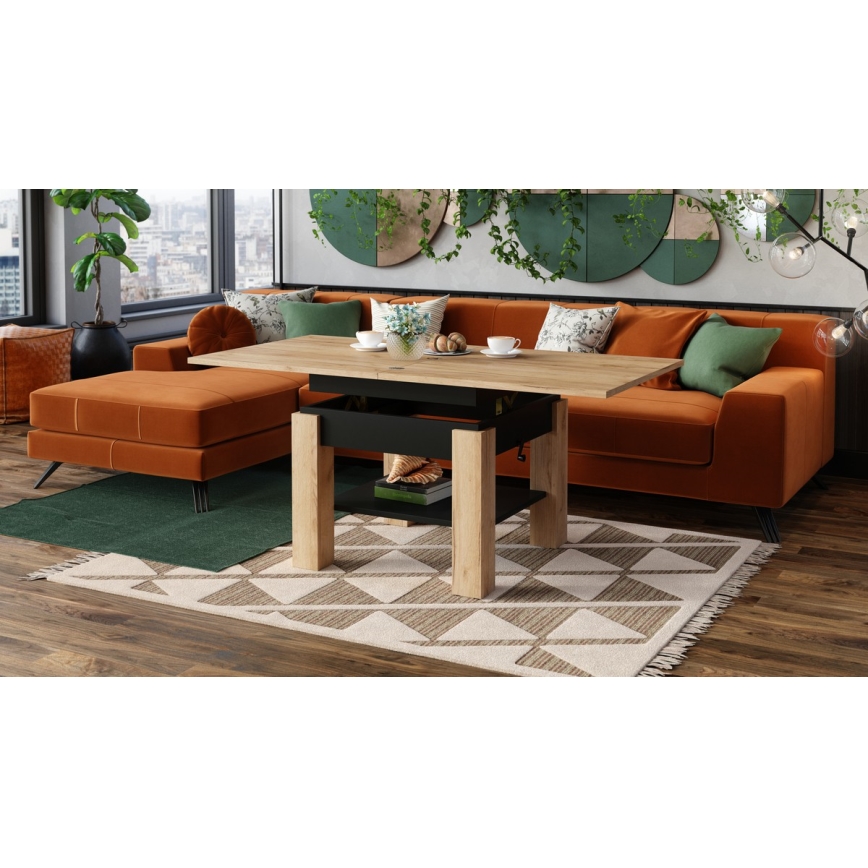 Folding coffee table with lifting top with shelf CALEB oak/black