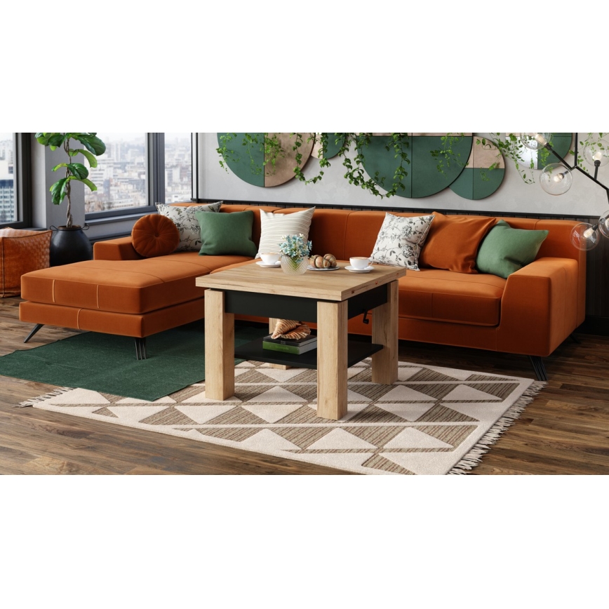 Folding coffee table with lifting top with shelf CALEB oak/black