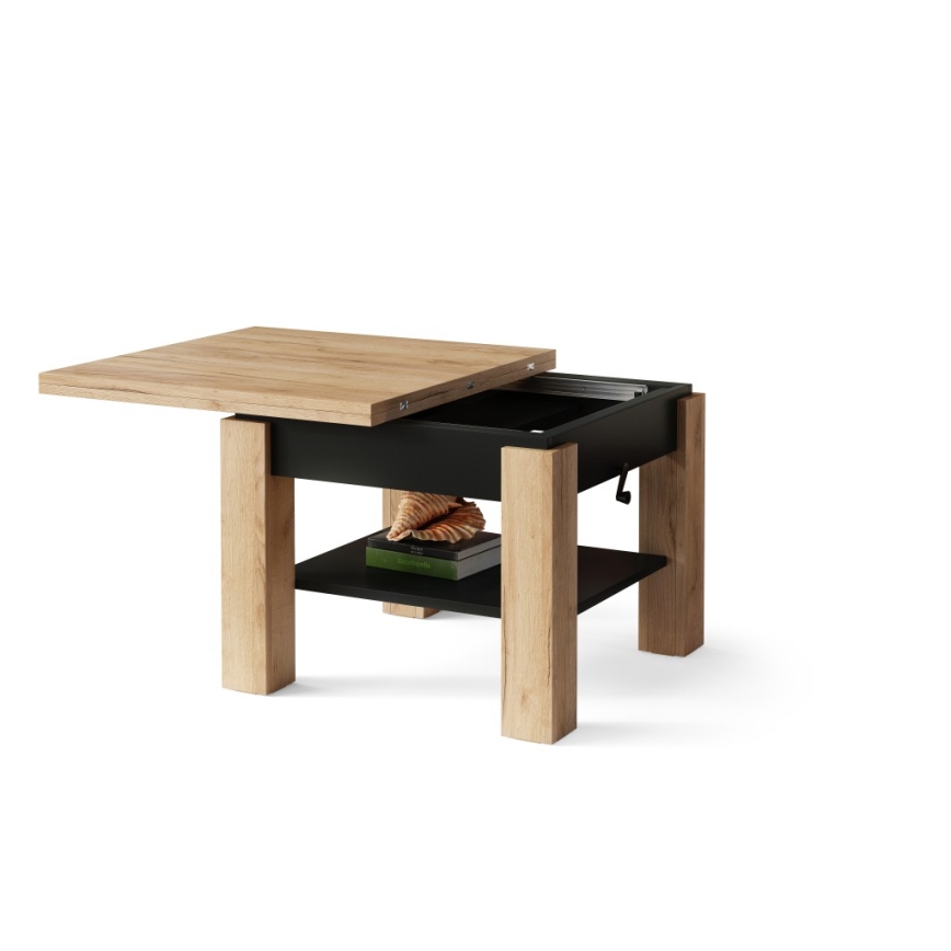 Folding coffee table with lifting top with shelf CALEB oak/black
