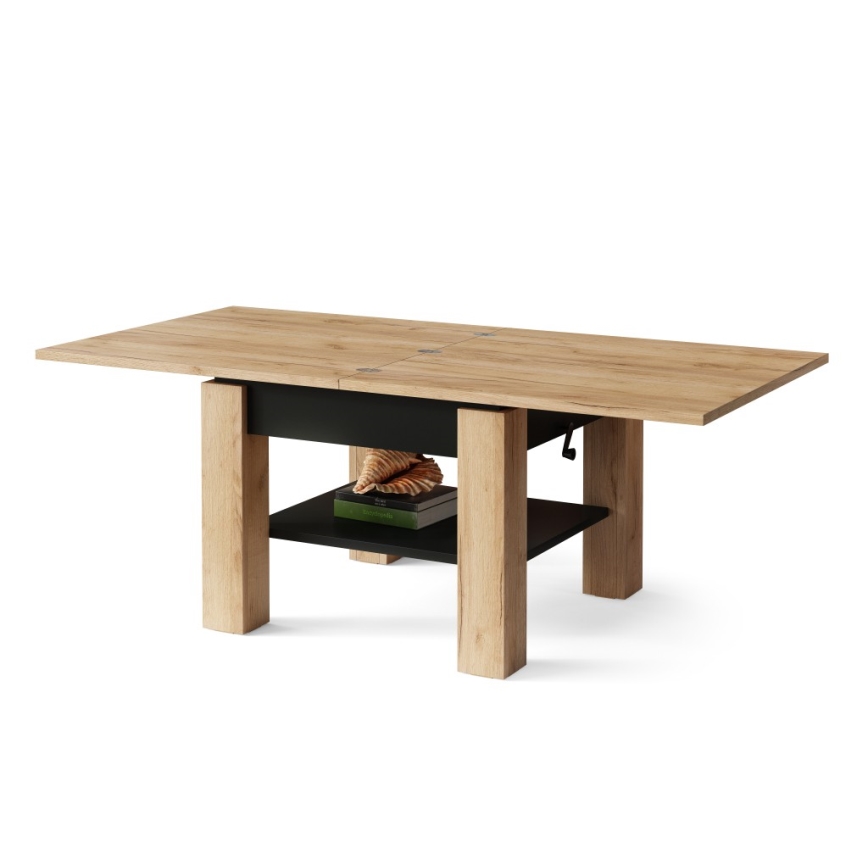 Folding coffee table with lifting top with shelf CALEB oak/black