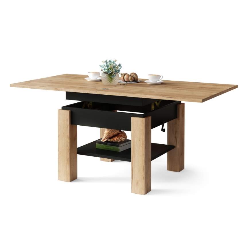 Folding coffee table with lifting top with shelf CALEB oak/black