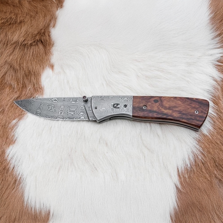 Folding Damascus knife 8 cm ironwood