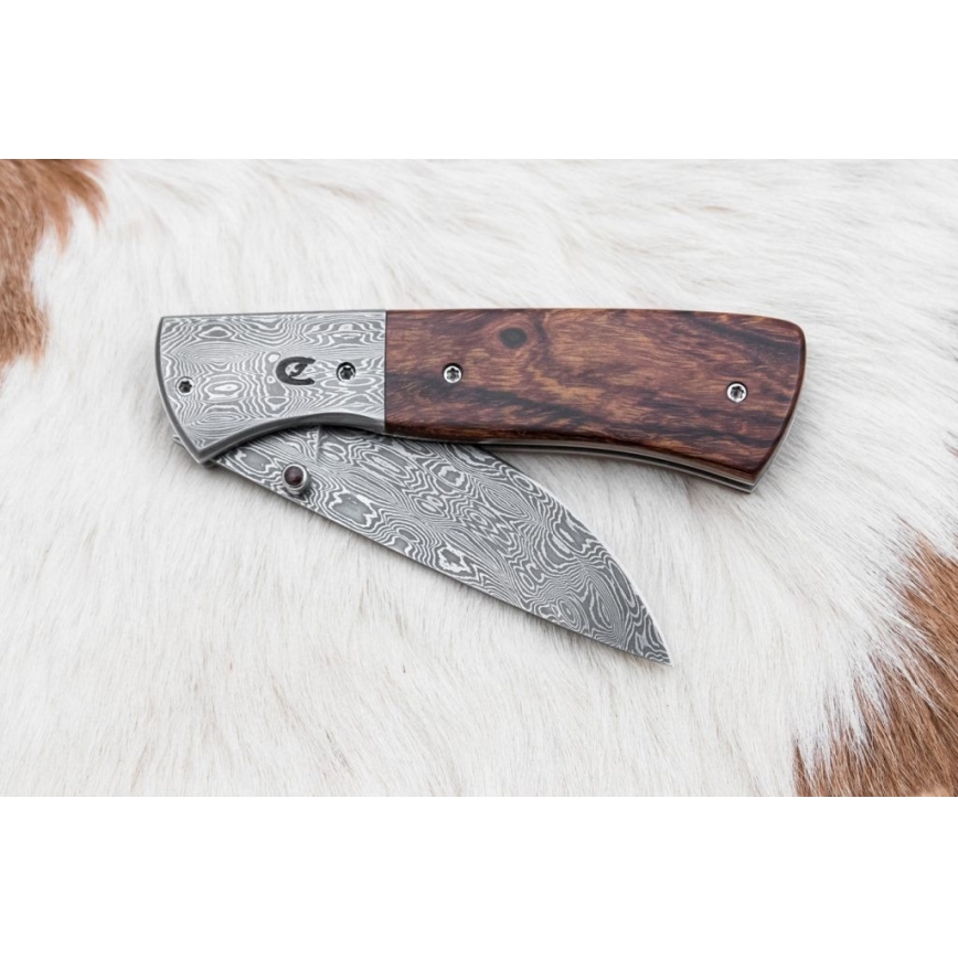 Folding Damascus knife 8 cm ironwood