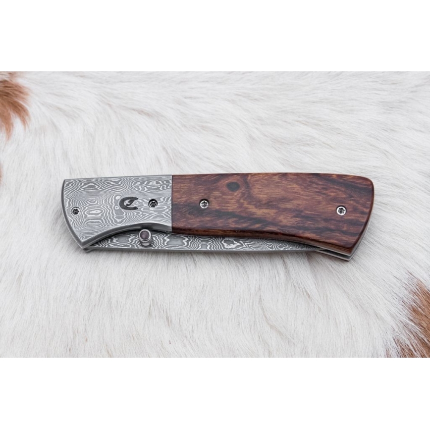 Folding Damascus knife 8 cm ironwood