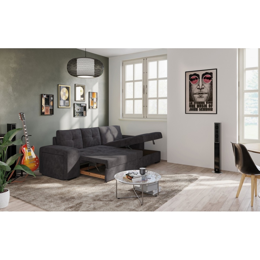 Folding sofa with storage space and stool PALERMO black right