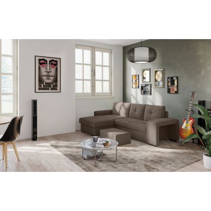 Folding sofa with storage space and stool PALERMO brown left