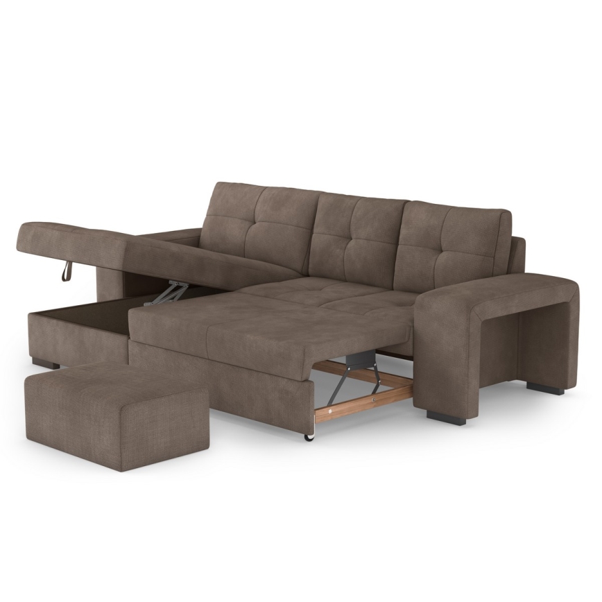 Folding sofa with storage space and stool PALERMO brown left