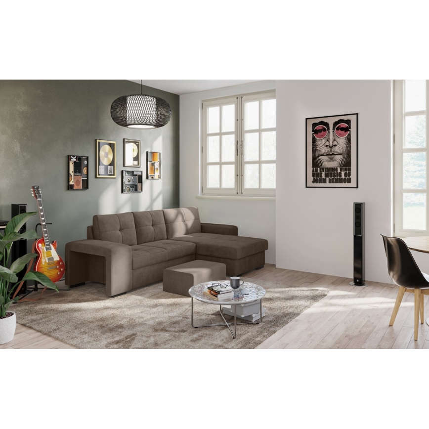 Folding sofa with storage space and stool PALERMO brown right