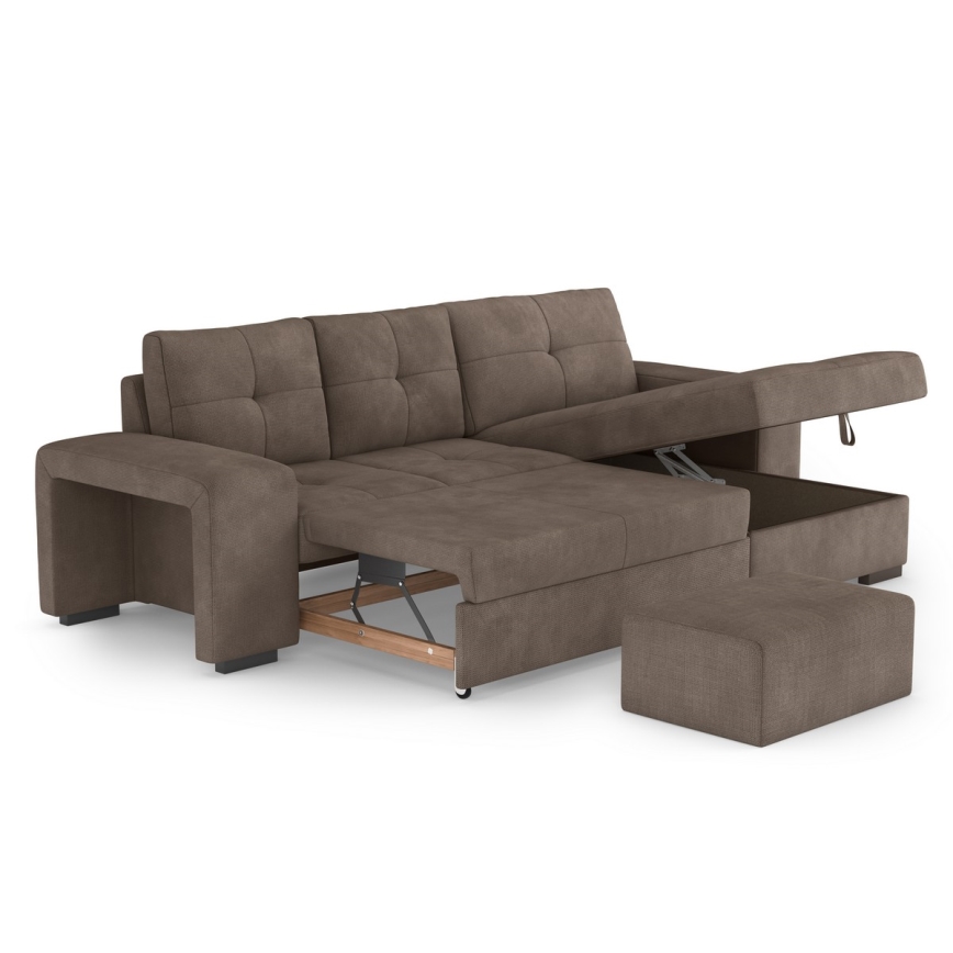Folding sofa with storage space and stool PALERMO brown right