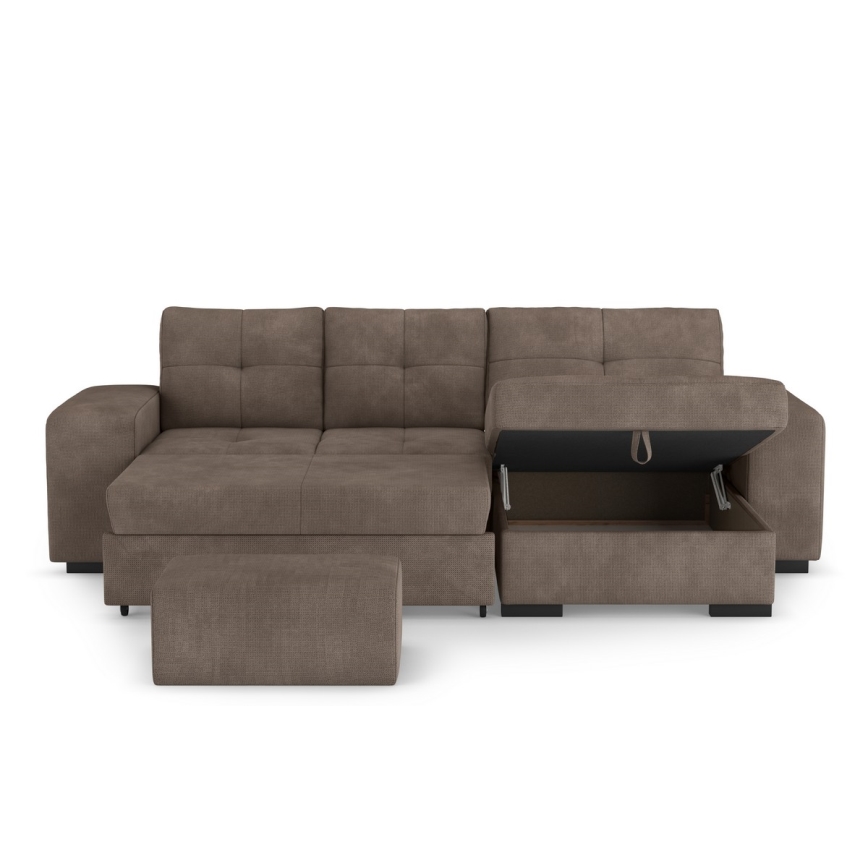 Folding sofa with storage space and stool PALERMO brown right