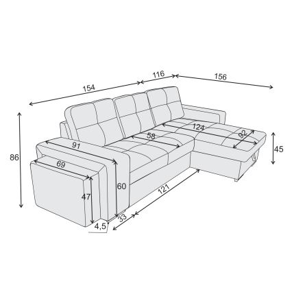 Folding sofa with storage space and stool PALERMO light grey left