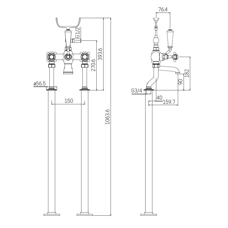 Freestanding bathtub set with mixer tap, 106.3 cm, polished chrome