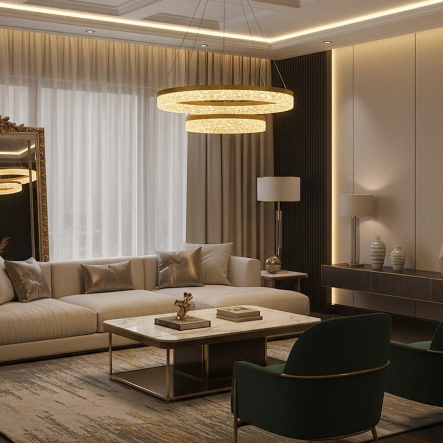 GALA LED cable-suspended pendant, 54W/230V, Ø 60 cm, Gold