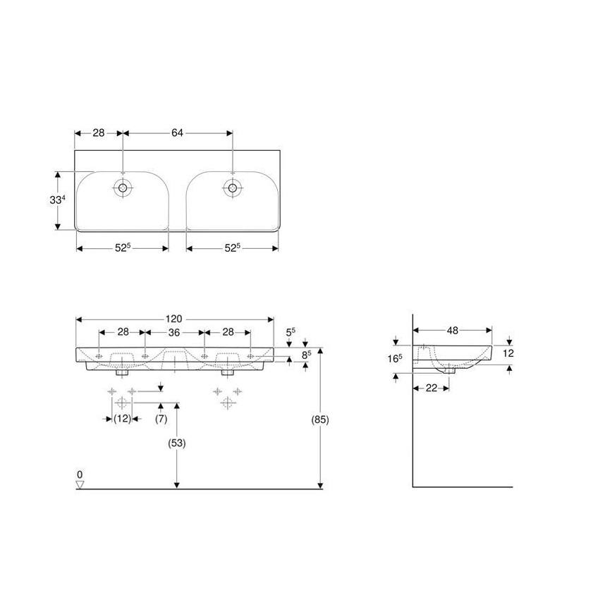 Geberit 500.224.01.1 - Smyle Square Wall-hung Double Washbasin 120 x 48 cm, Ceramic/White