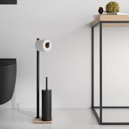 Gedy - TRILLY Free-standing Toilet Brush with Toilet Paper Holder, Matte Black/Bamboo