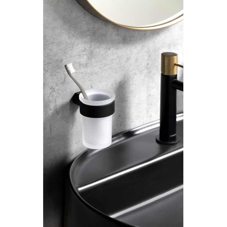 Gedy - Wall-mounted toothbrush holder PIRENEI milky glass/black