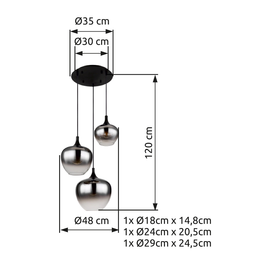 Globo - Chandelier on a string 3xE27/40W/230V d. 48 cm black