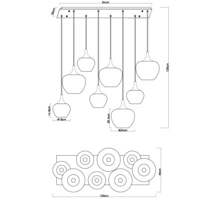 Globo - Cable-suspended pendant, 8xE27/40W/230V, copper