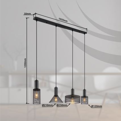 Globo - Chandelier on a string 4xE27/60W/230V black