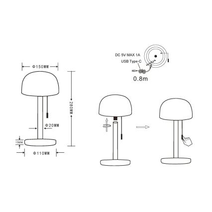 Globo - LED Rechargeable table lamp LED/1,5W/3,7V 3000/4200/6000K 1800mAh black