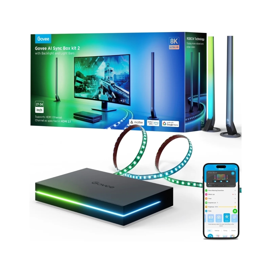 Govee - AI Sync Box Kit 2 Smart PC lighting kit 27-34 + Wi-Fi LED panels