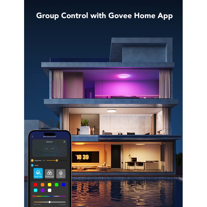 Govee - LED RGBIC + Warm White Dimmable Ceiling Light, 29W, 230V, Ø 30 cm, Matte, Wi-Fi